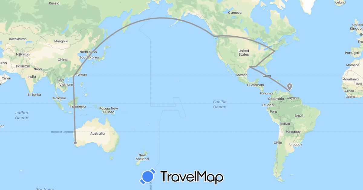 TravelMap itinerary: driving, plane in Australia, Canada, China, Trinidad and Tobago, United States (Asia, North America, Oceania)